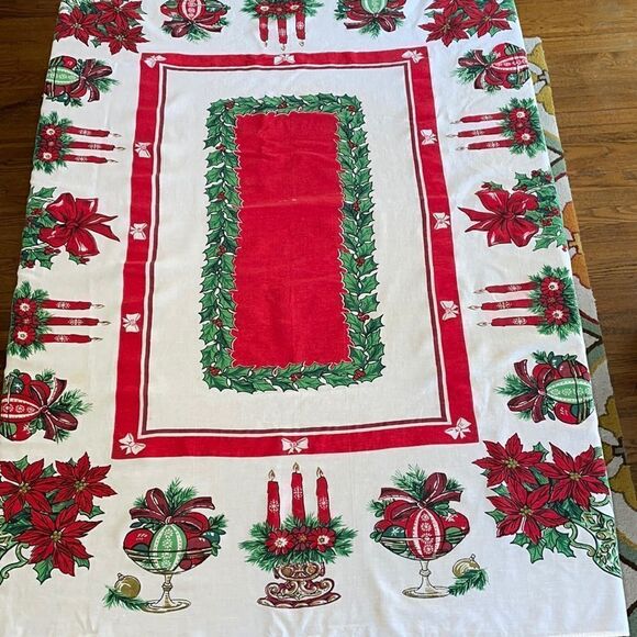 Vtg mid Century rectangle Christmas tablecloth